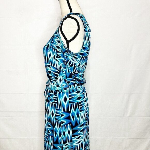 Calvin Klein Blue Print Modern Deco Maxi Dress Cinch Waist Jersey Sz 6 - Picture 5 of 8